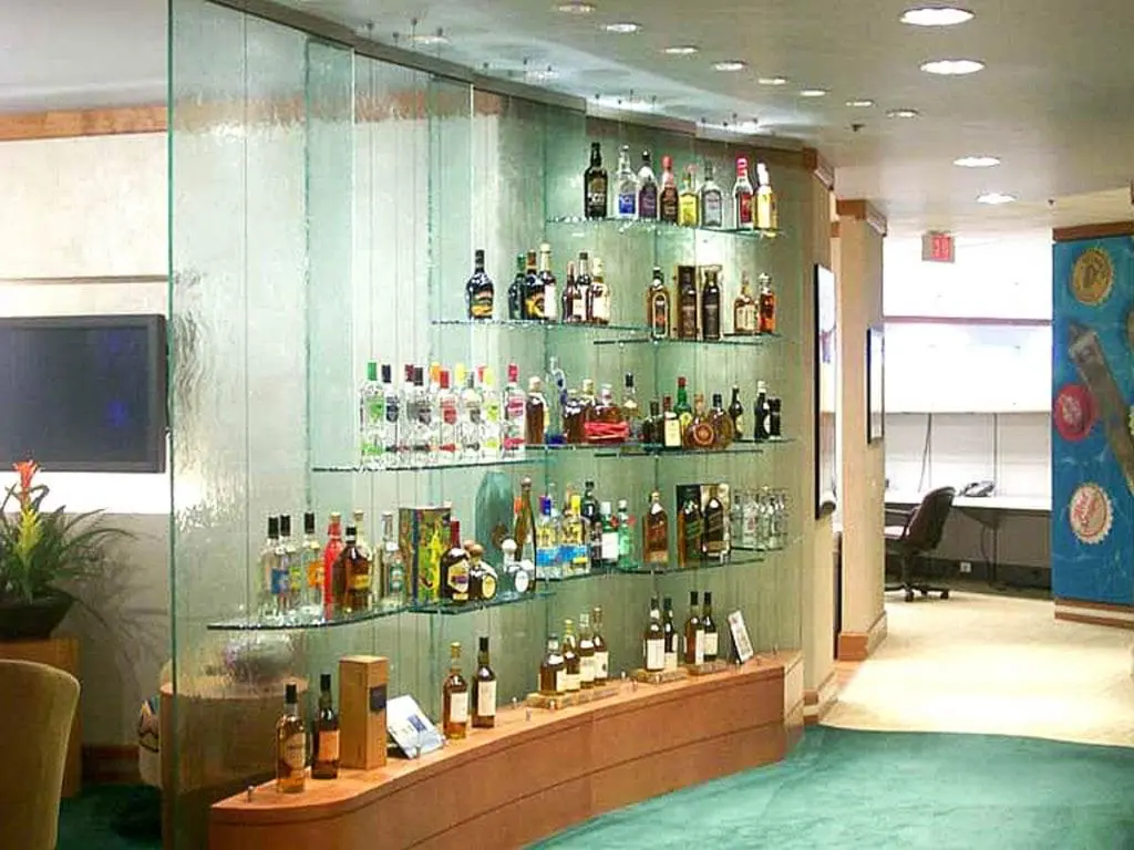 C5016 — Wine and Liquor Display with Cable Suspended Glass Shelves