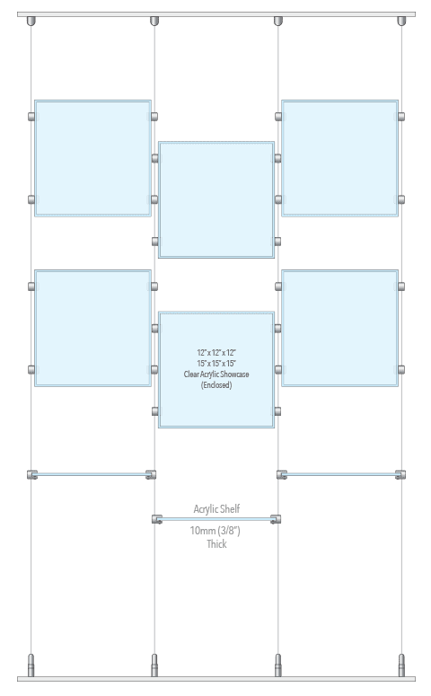 KSC-025 Cable Suspended Acrylic Showcase Display Kit for Merchandise and Collectibles / Ceiling-to-Floor Cable Suspension with Rails/Tracks | Nova Display Systems