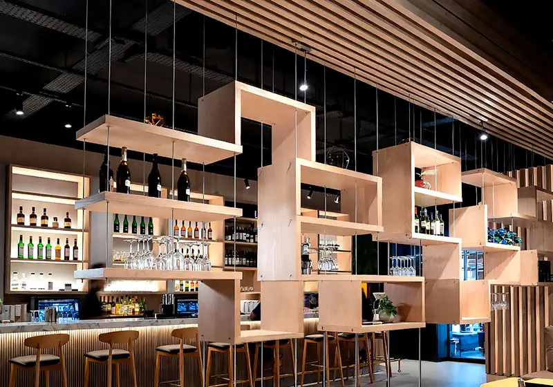 DC1616 — Product Showcase Display Concept | Rod Suspended Decorative Shelves for Bars and Restaurants