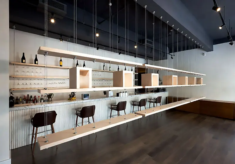 DC1620 — Product Showcase Display Concept | Cable Suspended Wooden Shelves for Bars and Restaurants
