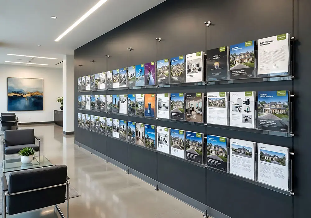 C2014 — Literature and Brochure Acrylic Display Suspended with Cable Systems | Design Concept