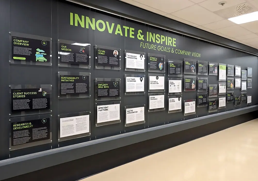 H2005 — Corporate Wall Display Milestone-Timeline with Rail-Track Mounted Tension Cable Systems | Design Concept