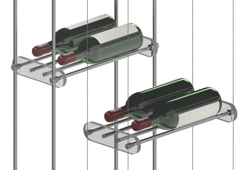 Cable/Rod Suspended Wine Rack Display with Cradle Rod-Grid Shelves