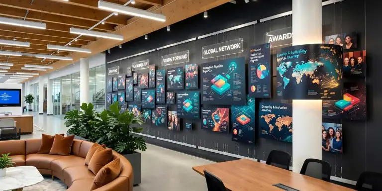 Corporate Wall Display Milestone-Timeline with Rail-Track Mounted Tension Cable Systems | Nova Display Systems