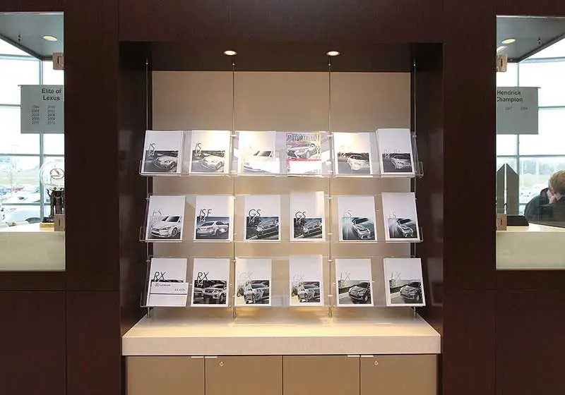 Rod Suspended Info/Poster Displays with Acrylic Angled Shelves