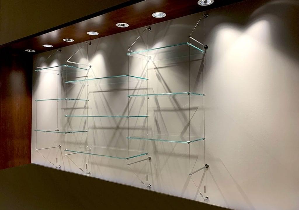 C5025 - Cable Suspended Glass Shelves Wall-to-Wall Mounted