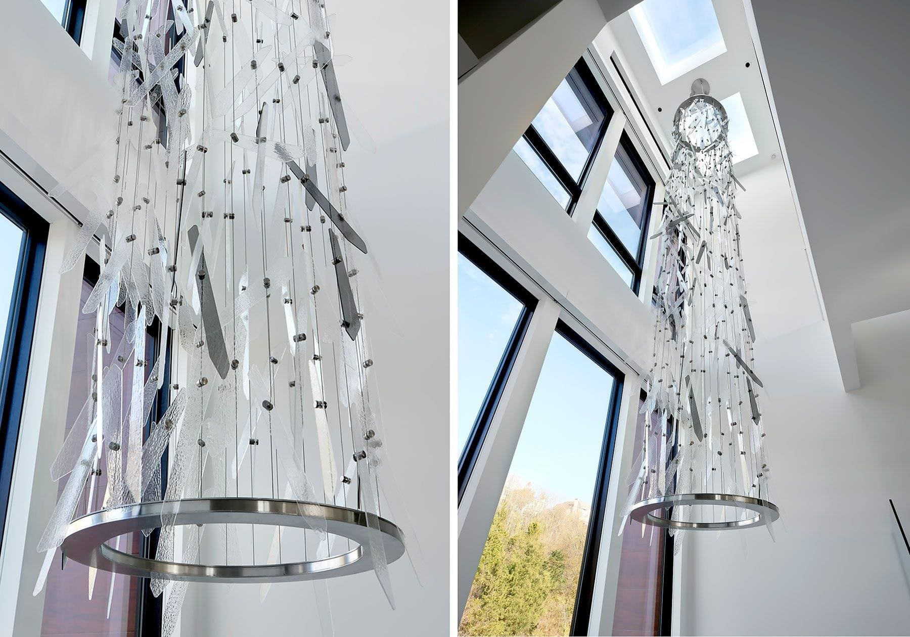 D3036 — Custom Glass Artwork Ceiling Suspended Chandelier from Cable Systems by Brazee Street Studios