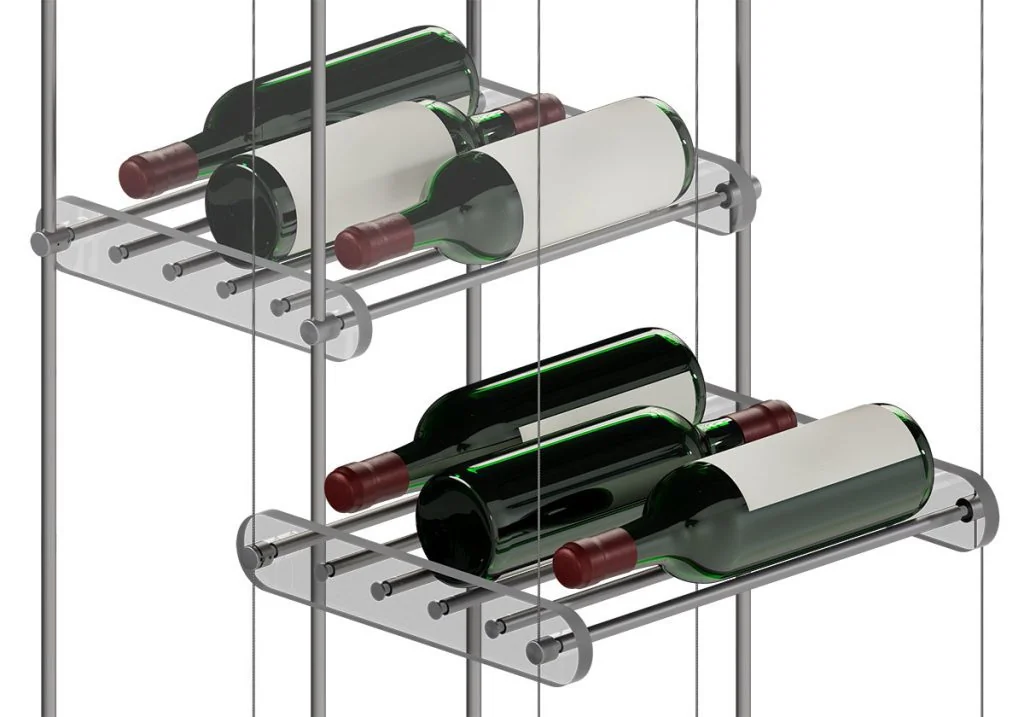 Cable/Rod Suspended Wine Rack Display with Cradle Rod-Grid Shelves