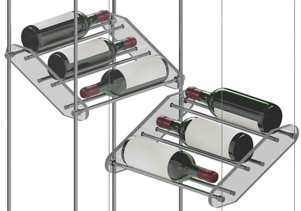 Cable/Rod Suspended Wine Rack Display with Angled Cradle Rod-Grid Shelves