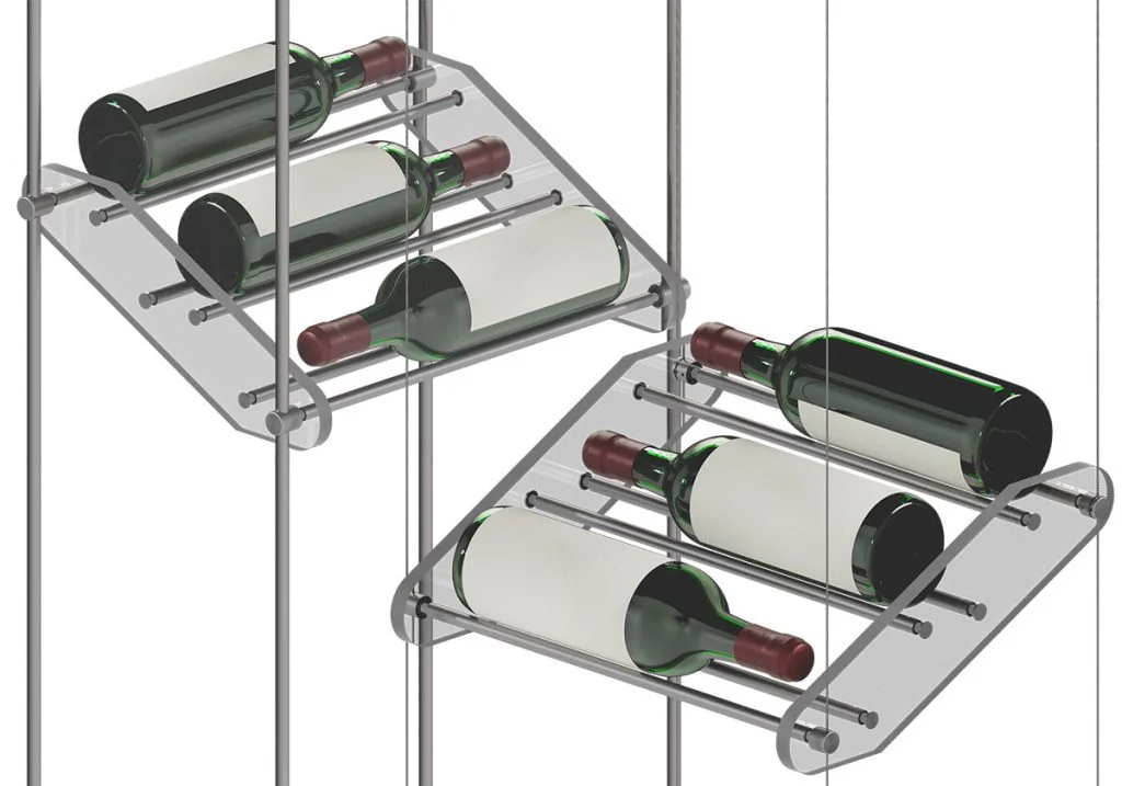 Cable/Rod Suspended Wine Rack Display with Angled Cradle Rod-Grid Shelves