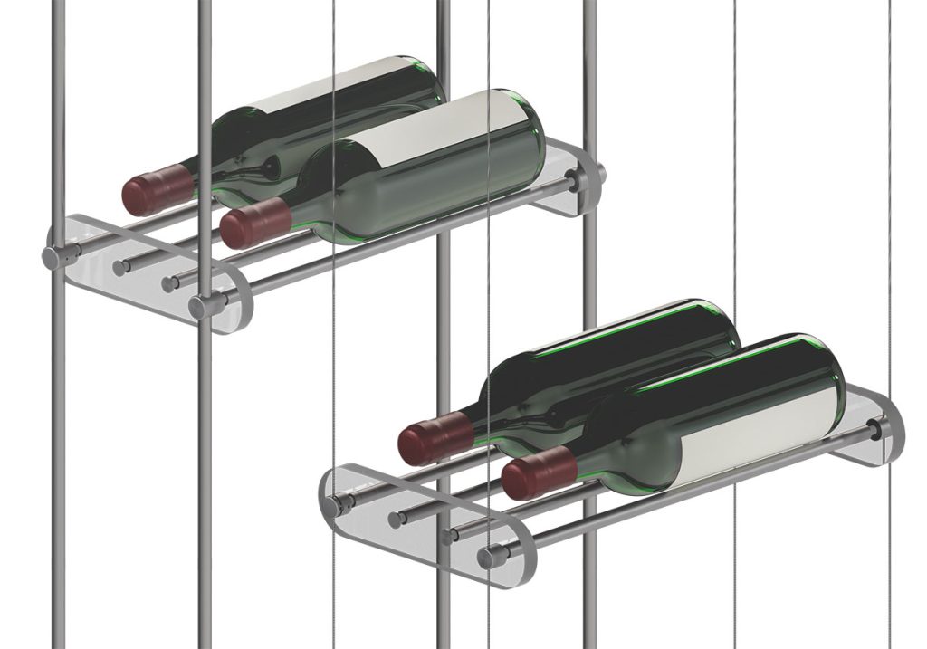 Cable/Rod Suspended Wine Rack Display with Cradle Rod-Grid Shelves