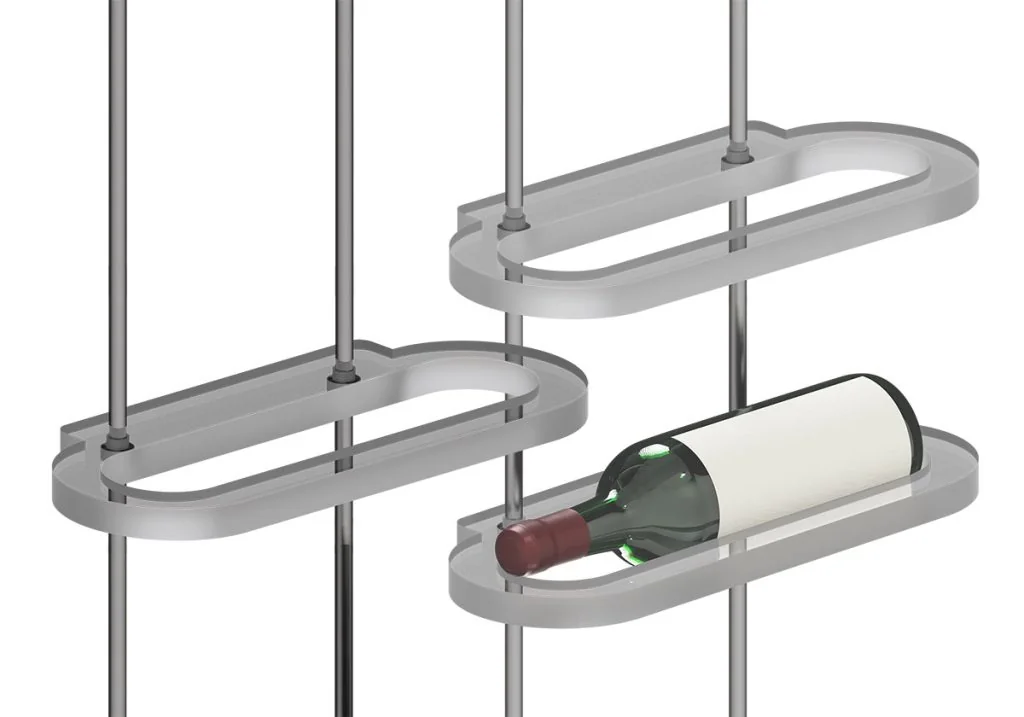 Rod Suspended Wine Rack Display with Projecting Acrylic Nest Shelves
