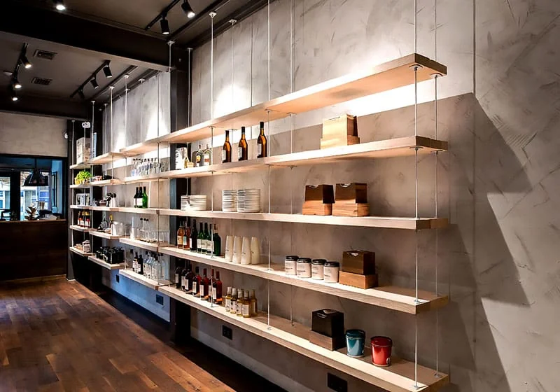 DC1618 — Product Showcase Display Concept | Wooden Shelves Suspended with Rod Systems