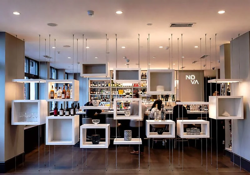 DC1619 — Product Showcase Display Concept | Cable Suspended Decorative Shelves for Bars and Restaurants