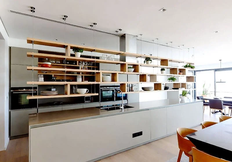 DC1626 — Product Showcase Display Concept | Wooden Shelves Suspended with Rod Systems