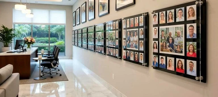 Custom Acrylic Collage Photo Wall – Standoff-mounted frames in multiple acrylic styles and layouts