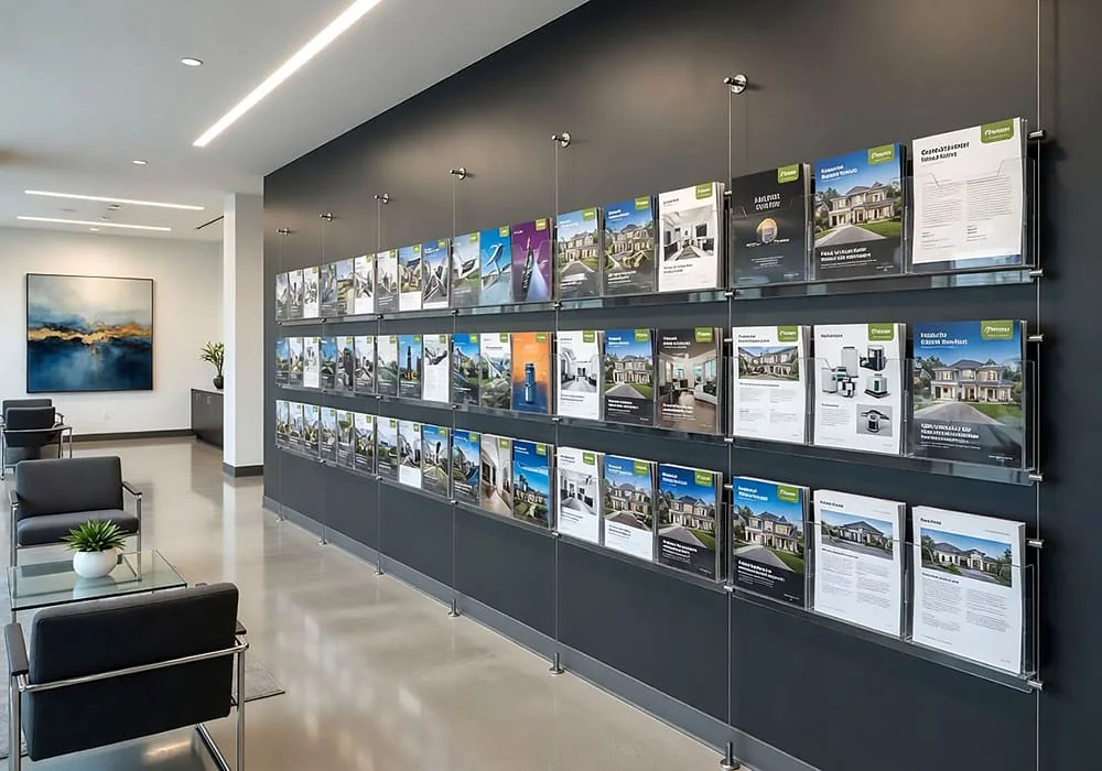 C2014 — Literature and Brochure Acrylic Display Suspended with Cable Systems | Design Concept