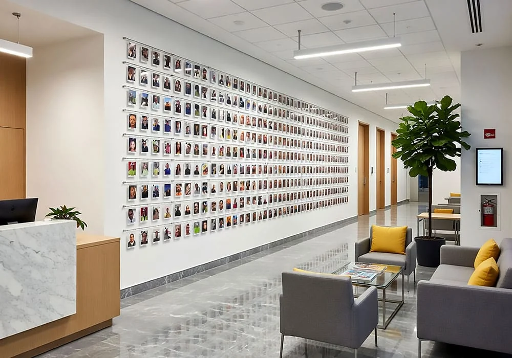 E1034 — Employee Photo Wall Display with Hook-on Acrylic Holders and Rod System | Design Concept