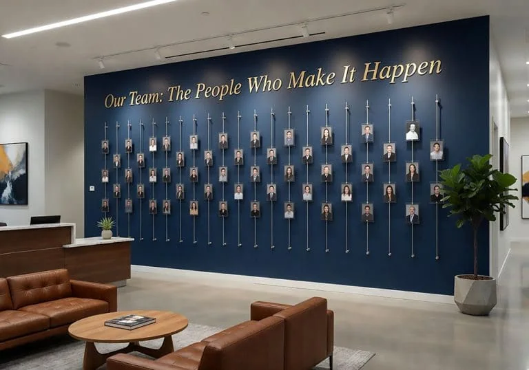 E1052 — Employee Photo Wall Display with Acrylic Frames and Vertical Single-Rod System | Design Concept