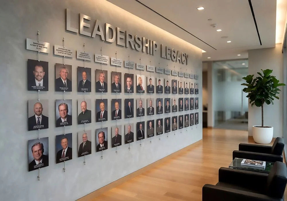 E1058 — Employee Photo Wall Display with Acrylic Frames and Vertical Single-Rod System | Design Concept