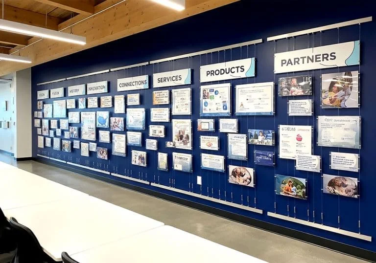 H2019 — Corporate Wall Display Milestone-Timeline with Rail-Track Mounted Tension Cable Systems
