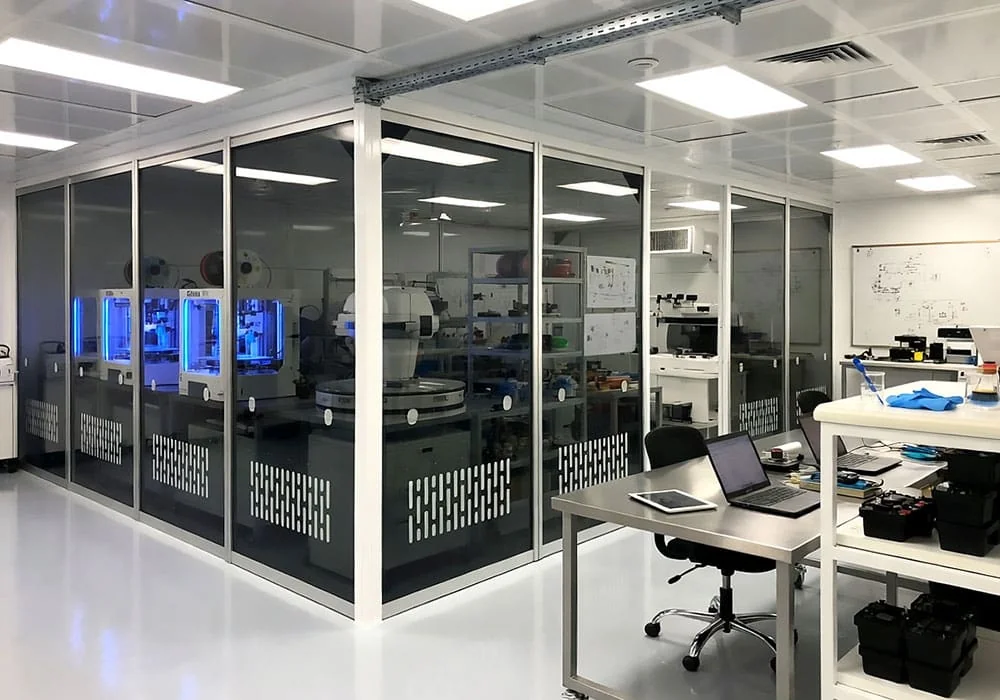 M3110 — Modular Partition Walls with Tinted-Acrylic Resin Panels for Clean-Room Production Facility | Design Concept