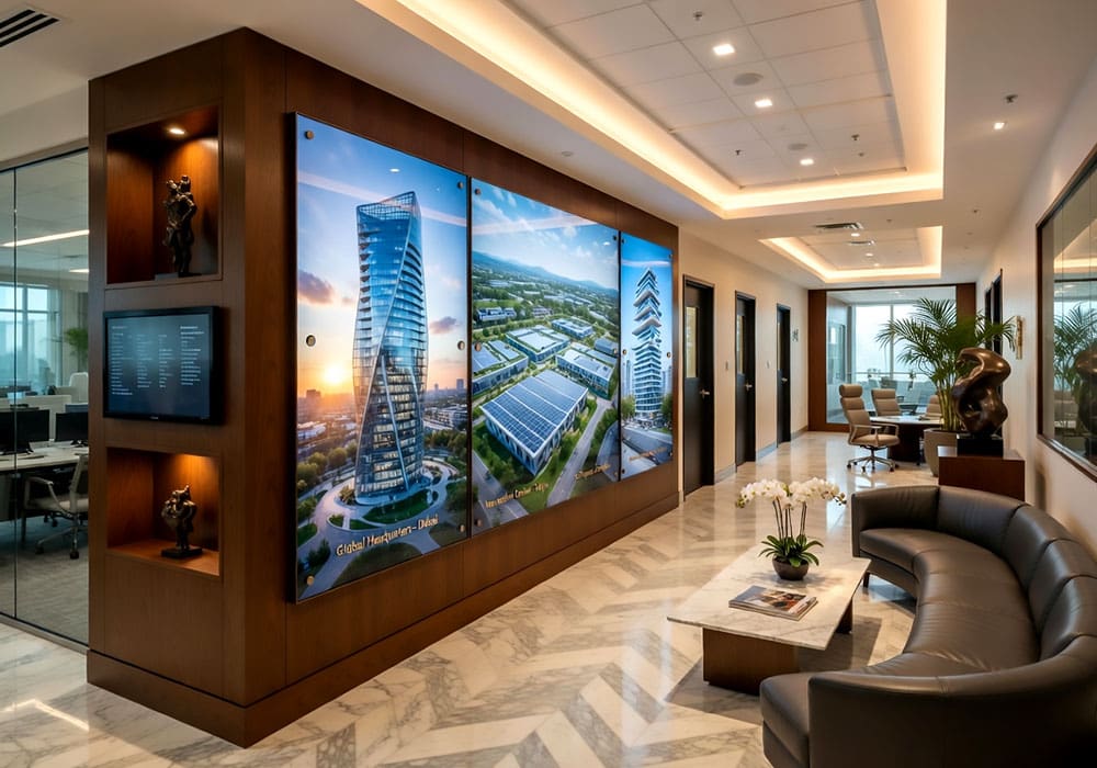 P2003 — Oversize Architectural Photography Wall Display with Standoff Acrylic Frames | Design Concept
