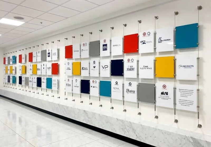 C1043 — Information Wall Display with Cable Systems and Easy-Access Acrylic Pockets