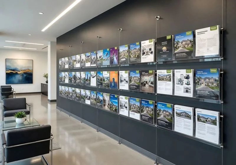 C2014 — Literature and Brochure Acrylic Display Suspended with Cable Systems | Design Concept