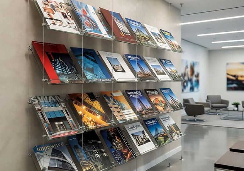 C2018 — Magazine Wall Display with Cable System Suspended Slanted Acrylic Shelves | Design Concept