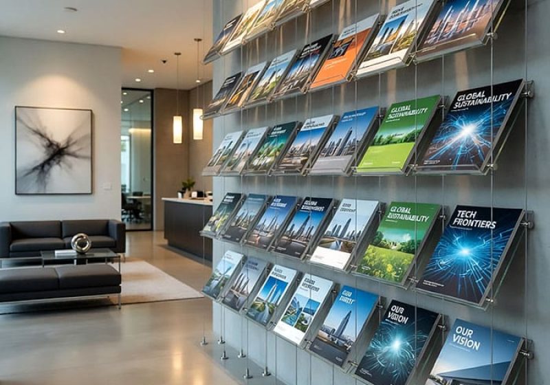 C2019 — Magazine Wall Display with Cable System Suspended Slanted Acrylic Shelves | Design Concept