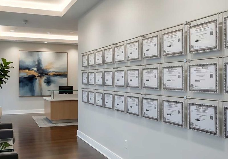 Certificate Wall Display with Horizontal Rod Systems and Hook-on Acrylic Holders – Clear or non-glare interchangeable holders in portrait/landscape formats