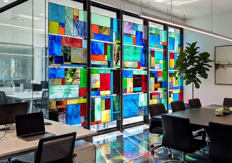 D3042 — Rod Suspended Stained Glass Partition Panels for Office Interiors