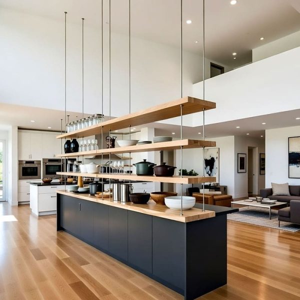 D4002 — Rod-System Hanging for Kitchen Wood Floating-Shelves | Design Concept