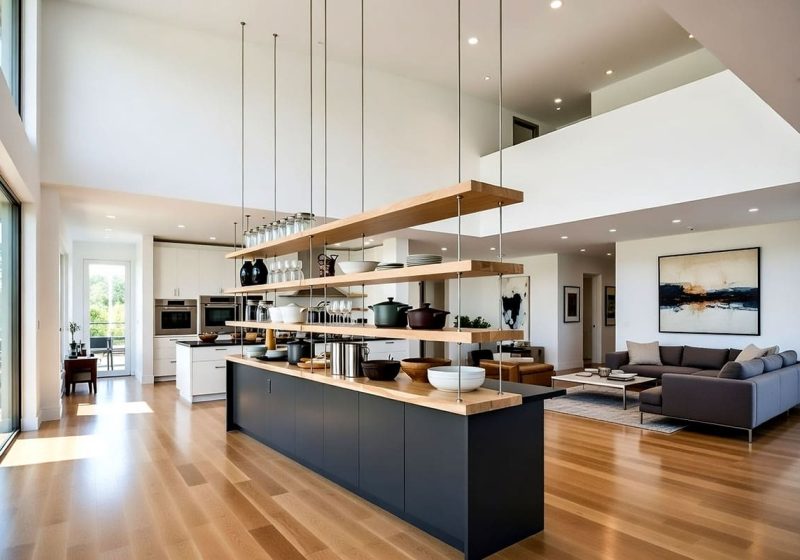 D4002 — Rod-System Hanging for Kitchen Wood Floating-Shelves | Design Concept