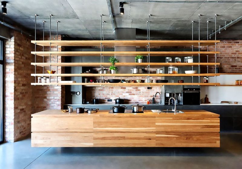 D4003 — Rod-System Hanging for Kitchen Wood Floating-Shelves | Design Concept