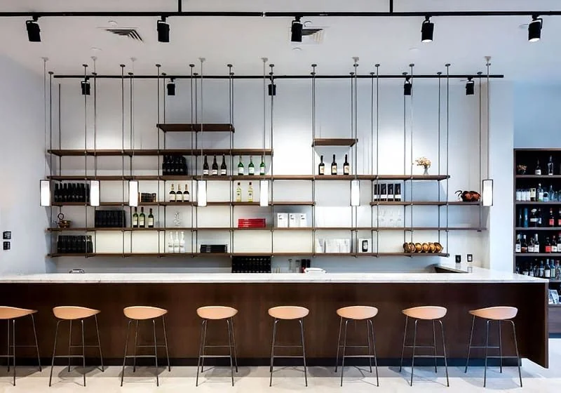 DC1617 — Product Showcase Display Concept | Rod Suspended Shelves for Bars and Restaurants