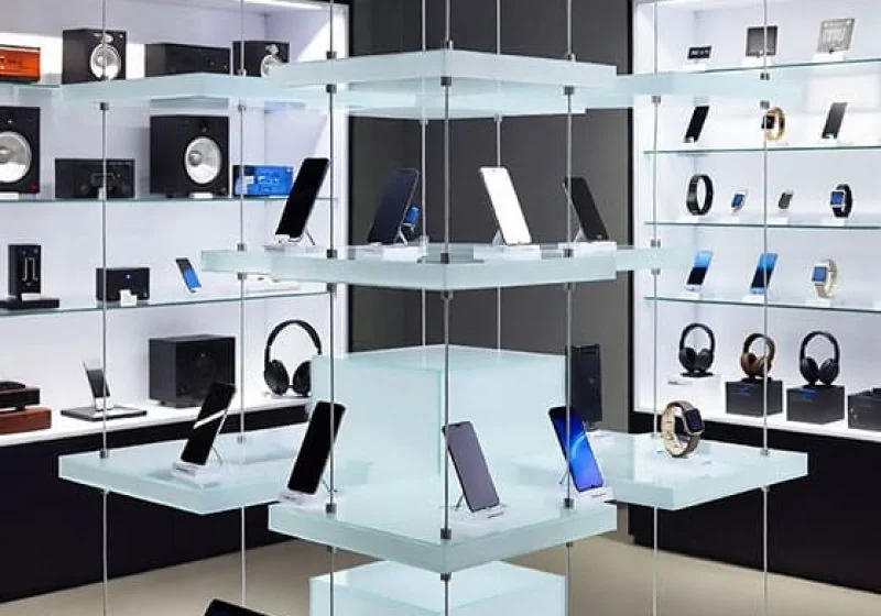 DC1622 — Product Showcase Display Concept | Acrylic Shelves Suspended with Cable Systems