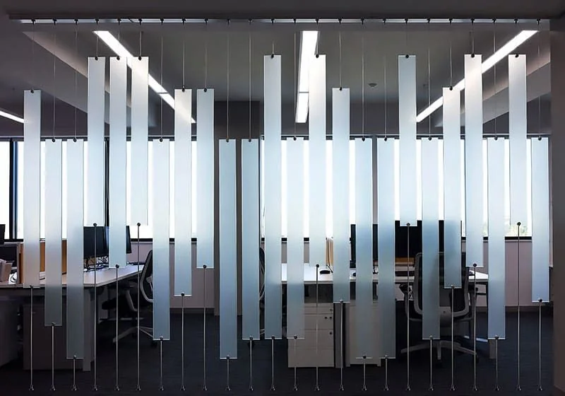 DC1811 — Office Partition Design Concept | Decorative Acrylic Paneling with Cable/rod Hanging System