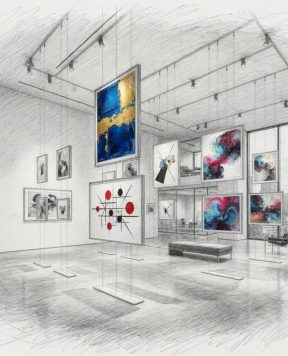 DR1001 — Cable Suspended Framed Artwork in Gallery Setting | Design Concept DR1001 — Cable Suspended Framed Artwork in Gallery Setting | Design Concept
