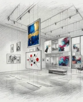 DR1001 — Cable Suspended Framed Artwork in Gallery Setting | Design Concept