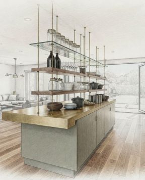 DR1313 — Kitchen Wood Block Shelves Suspended with Rod System | Design Concept DR1313 — Kitchen Wood Block Shelves Suspended with Rod System | Design Concept
