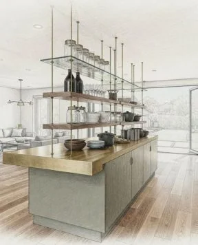 DR1313 — Kitchen Wood Block Shelves Suspended with Rod System | Design Concept