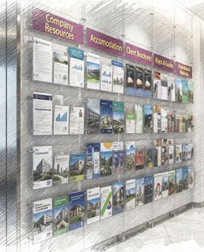 DR2100 — Acrylic Literature Display Suspended with Cable Hanging System | Design Concept DR2100 — Acrylic Literature Display Suspended with Cable Hanging System | Design Concept