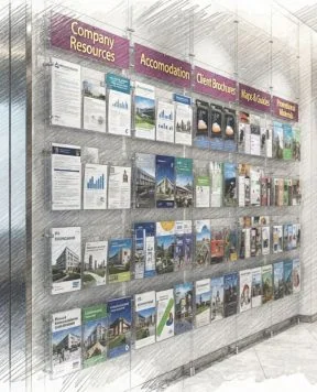 DR2100 — Acrylic Literature Display Suspended with Cable Hanging System | Design Concept