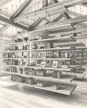 DR2203 — Wood-Block Shelves for Books and Collectibles Suspended with Cable Suspension System | Design Concept DR2203 — Wood-Block Shelves for Books and Collectibles Suspended with Cable Suspension System | Design Concept