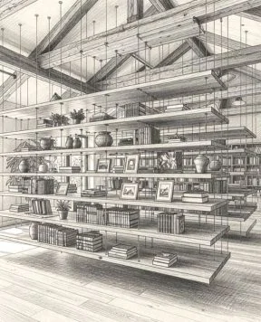 DR2203 — Wood-Block Shelves for Books and Collectibles Suspended with Cable Suspension System | Design Concept
