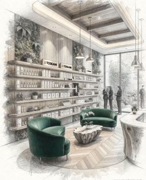 DR2310 — Wood Shelves for Beauty Supplies and Jewelry Suspended with Rod System | Design Concept DR2310 — Wood Shelves for Beauty Supplies and Jewelry Suspended with Rod System | Design Concept
