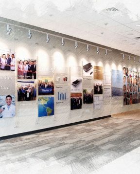 DR3001 — Acrylic Framed Employee Photos and Company Info Suspended with Wall-to-Wall Cable System | Design Concept DR3001 — Acrylic Framed Employee Photos and Company Info Suspended with Wall-to-Wall Cable System | Design Concept