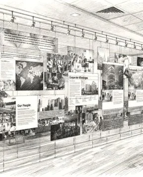 DR3503 — Corporate Values Statement Display with Cable Suspended Acrylic Frames | Design Concept